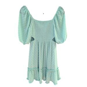 Mint Green Puff Sleeve Smocked Mini Dress Womens Small Fit Flare Short